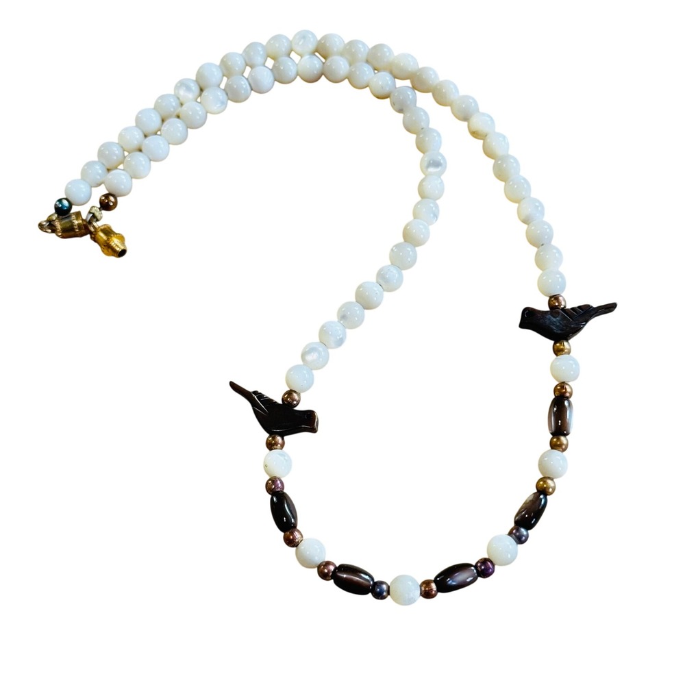 Vtg Zuni Bird Abalone Shell Beads Necklace MOP Native‎ American Retro Choker 70s